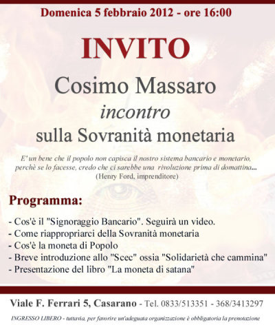 Incontro sulla Sovranità monetaria a cura di Cosimo Massaro